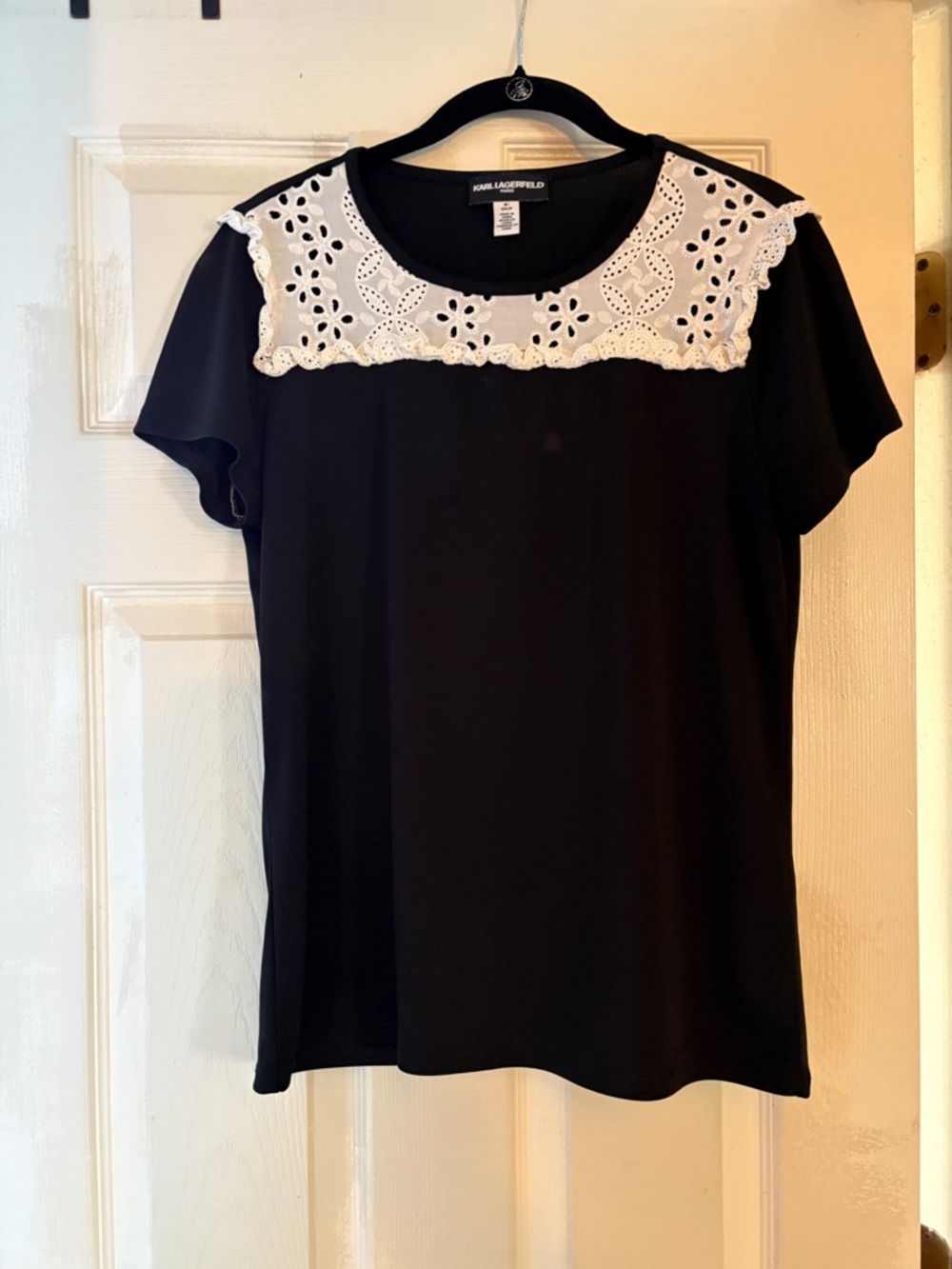 Karl Lagerfeld Black Short-Sleeve Tee with White Eyelet Yoke